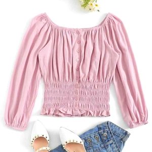 Pink Off-The-Shoulder Button Front Shirred Top